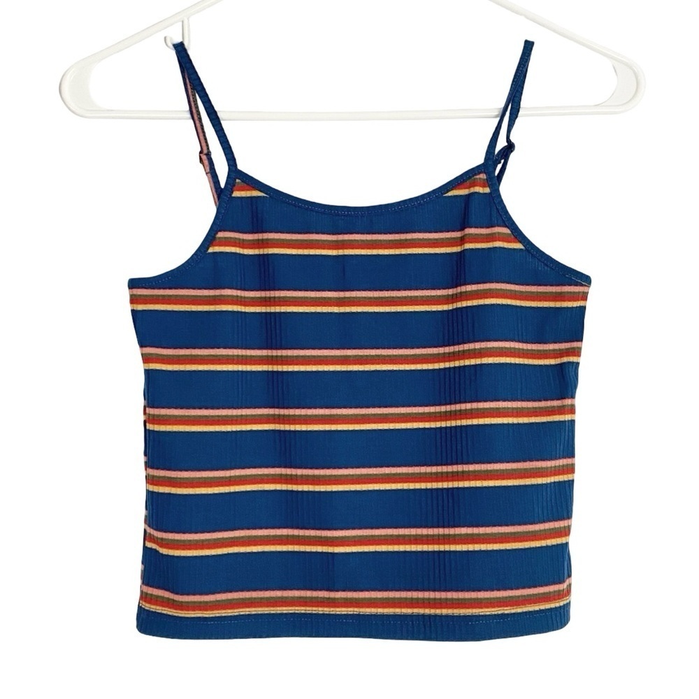 Basic Ribbed Tank Top Crop Womens Size XS Small Blue Striped Cropped Multi